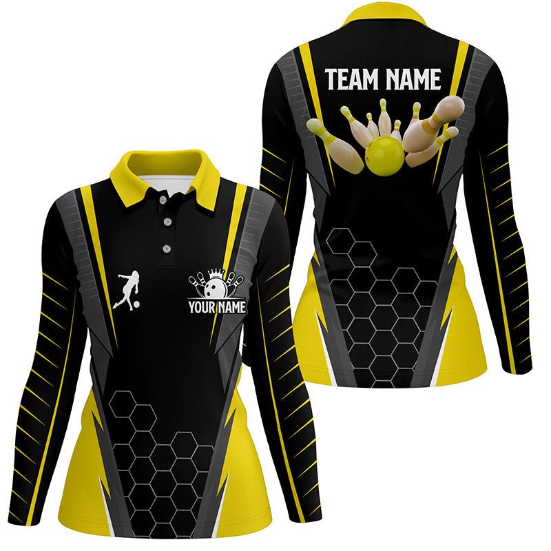 Schwarzes Damen Polo Bowling Shirt mit individuellem Namen | Damen Bowlers Jersey, Team Bowling Outfits | Gelb Q6504 - Climcat