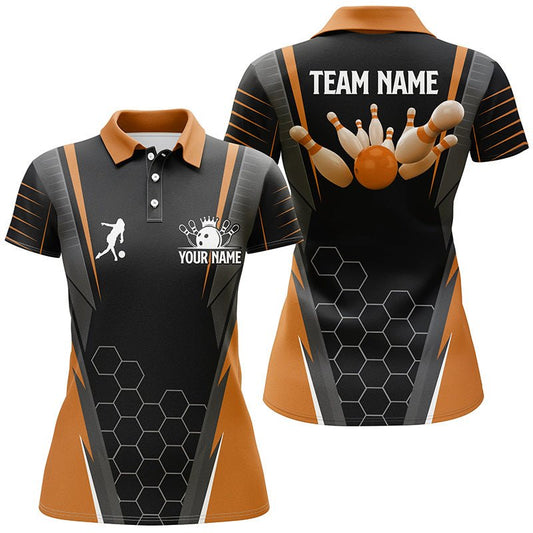 Schwarzes Damen Polo Bowling Shirt mit individuellem Namen | Damen Bowlers Jersey, Team Bowling Outfits | Orange Q6503 - Climcat