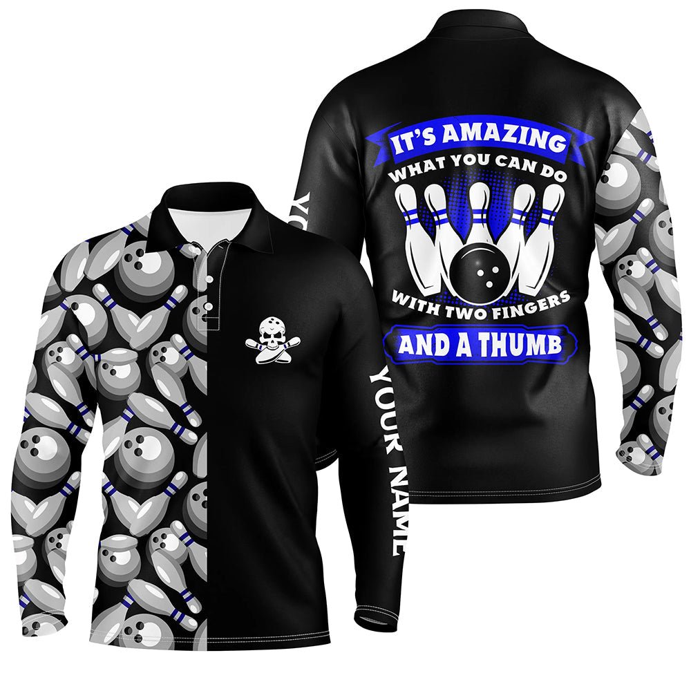 Schwarzes Herren Bowling Polo Shirt mit Totenkopf - Individuell gestaltbar. Zeigen Sie, was Sie mit zwei Fingern und einem Daumen erreichen können! Q6829 - Climcat