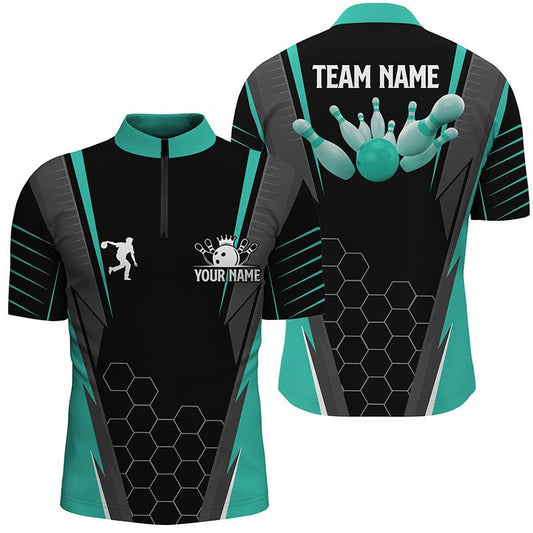 Schwarzes Herren Bowling Shirt mit Viertelreißverschluss und individuellem Namen | Männer Bowlers Jersey, Team Bowling Outfits | Türkis Q6505 - Climcat