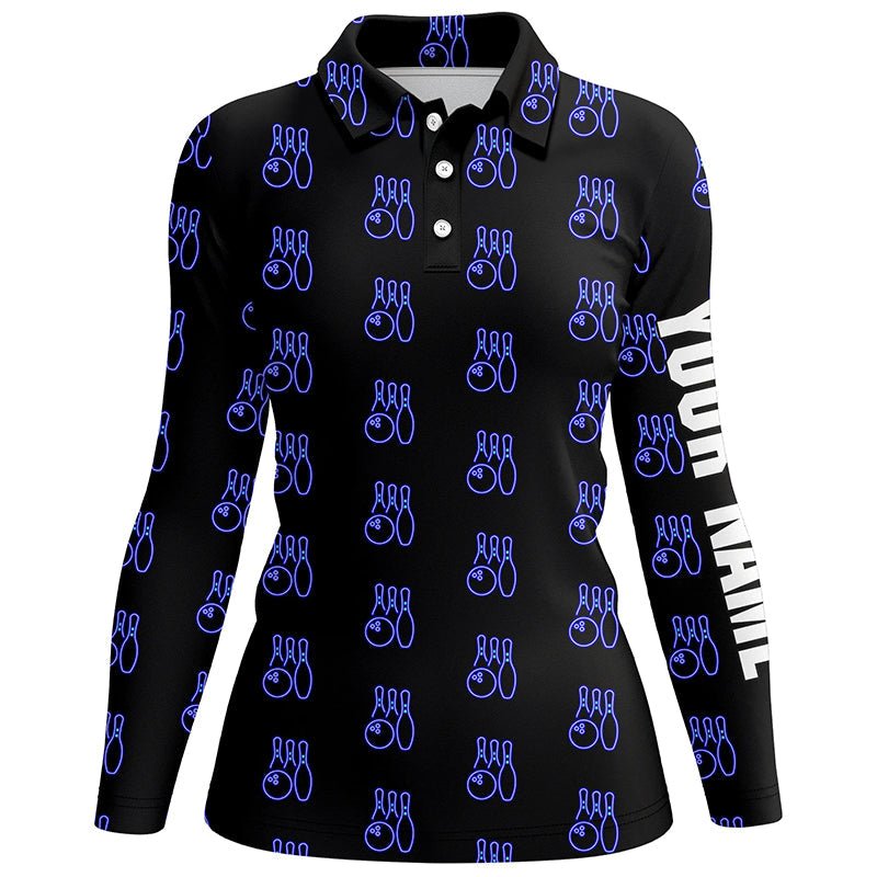 Schwarzes Neon Bowling nahtloses Muster Personalisiertes Damen Bowling Polo Shirt, Bowling Team Liga Trikots Q6761 - Climcat