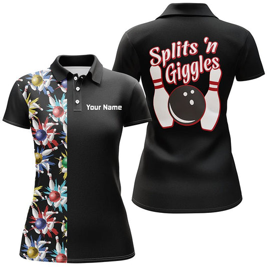 Schwarzes Polo-Shirt "Splits 'n Giggles" für Damen, personalisiertes Vintage-Damen-Bowling-Shirt Q5521 - Climcat