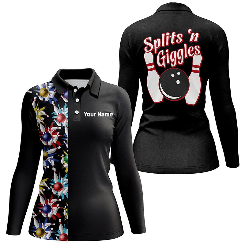 Schwarzes Polo-Shirt "Splits 'n Giggles" für Damen, personalisiertes Vintage-Damen-Bowling-Shirt Q5521 - Climcat