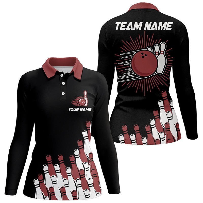 Schwarzes Retro-Bowling-Teamshirt für Damen | Personalisierbares Bowling-Polo-Shirt | Bowling-Geschenke für sie | Rot Q7054 - Climcat