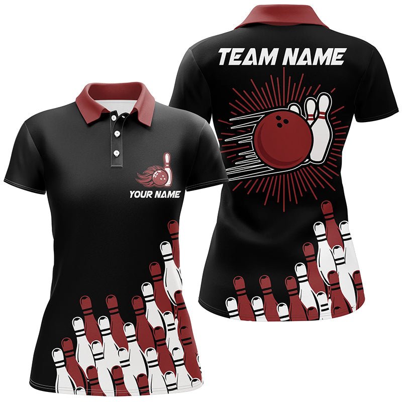 Schwarzes Retro-Bowling-Teamshirt für Damen | Personalisierbares Bowling-Polo-Shirt | Bowling-Geschenke für sie | Rot Q7054 - Climcat