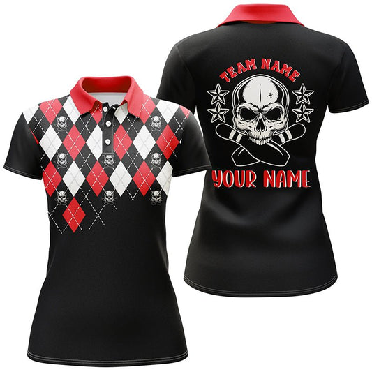 Schwarzes rotes Argyle-Muster Bowling Skull individuelle Bowling-Polo-Shirts für Frauen, Bowling Trikots Q6916 - Climcat
