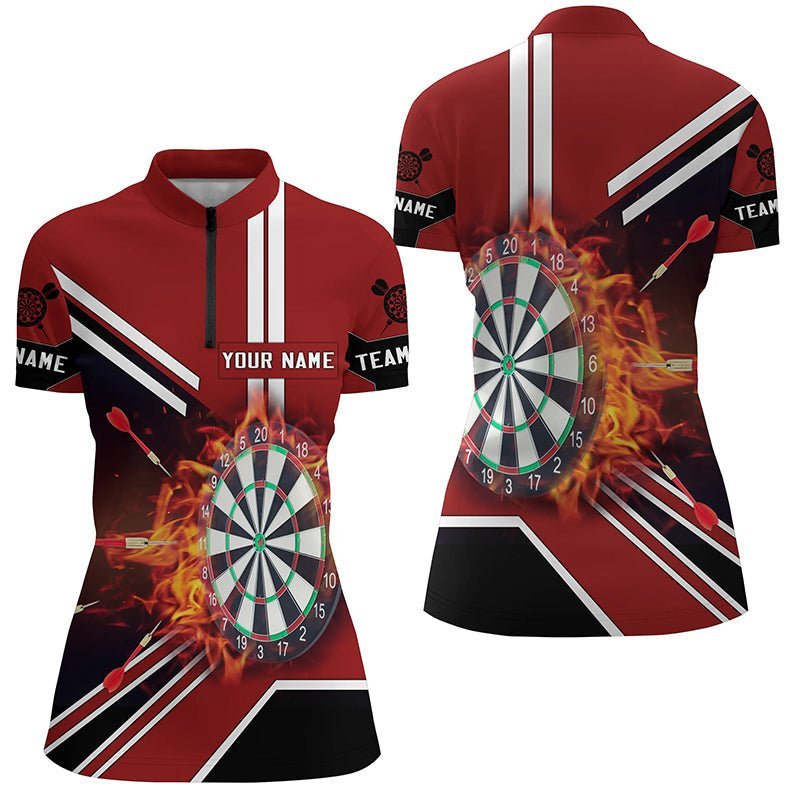 Schwarzes rotes Flammen Dartboard 1/4 Zip Shirt, individuell anpassbares Feuer-Darts-Shirt für Frauen, Dart-Trikot F843 - Climcat