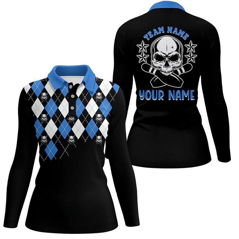 Schwarzes und blaues Argyle-Muster Bowling Skull individuelle Bowling-Polo-Shirts für Frauen, Bowling Trikots Q6917 - Climcat