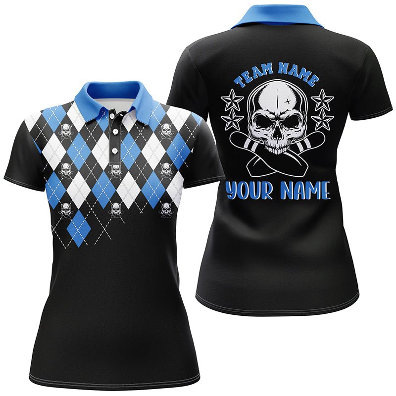 Schwarzes und blaues Argyle-Muster Bowling Skull individuelle Bowling-Polo-Shirts für Frauen, Bowling Trikots Q6917 - Climcat
