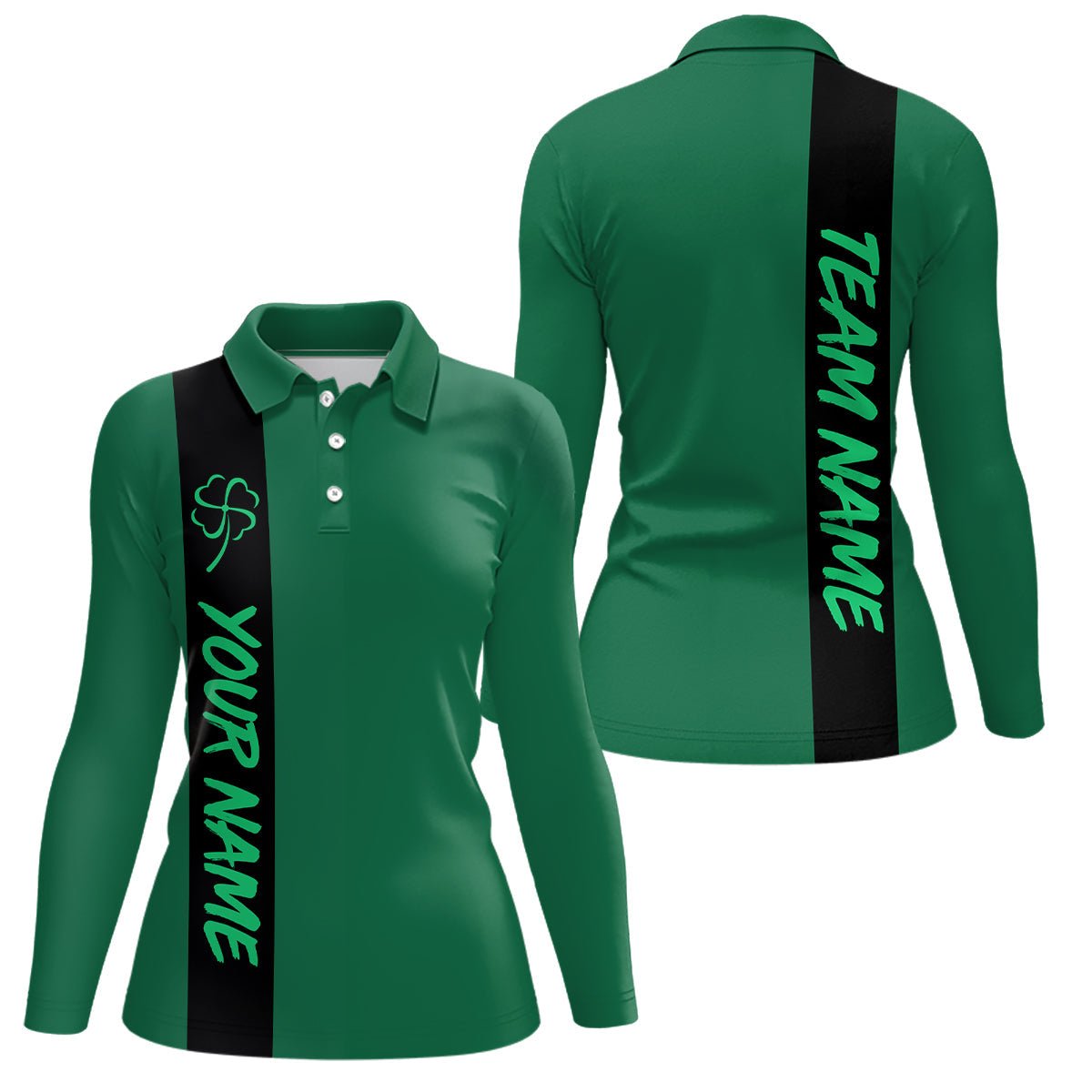 Schwarzes und grünes Retro-Glück Damen Bowling Polo Shirt - Individuelles St. Patrick's Day Team Liga Bowling Trikot Q7044 - Climcat