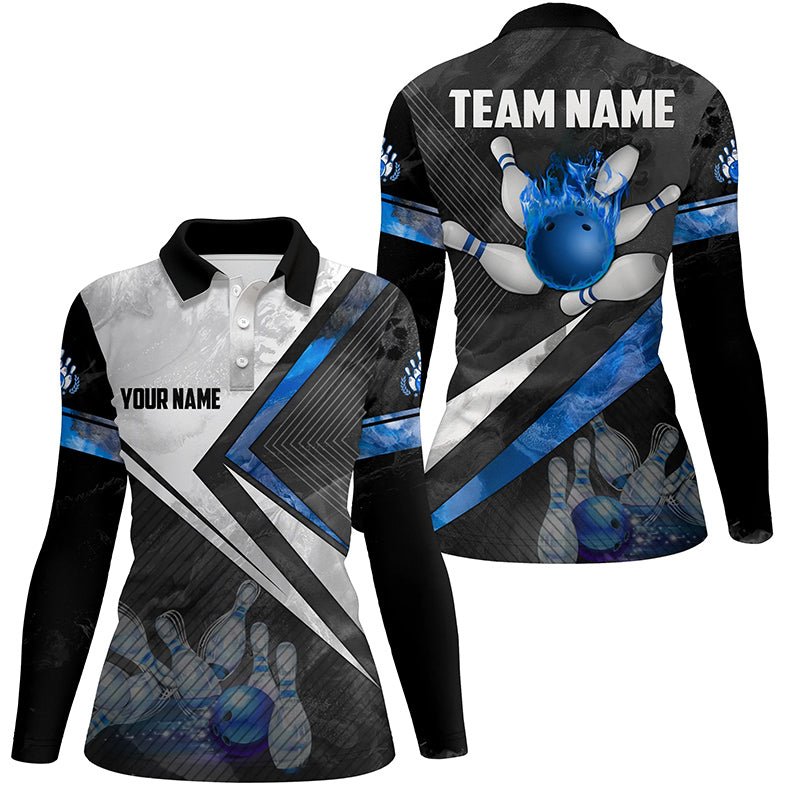 Schwarzes und weißes Bowling-Polo-Shirt für Damen | Personalisiertes Bowling-Kugel-Pins-Team Bowler Trikot | Blau Q6447 - Climcat