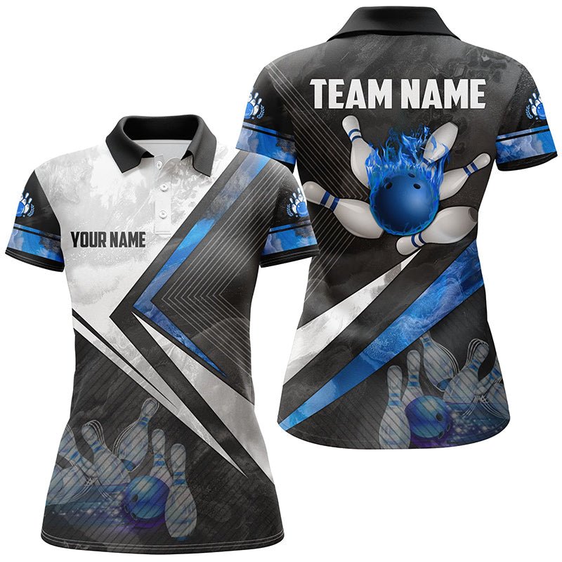 Schwarzes und weißes Bowling-Polo-Shirt für Damen | Personalisiertes Bowling-Kugel-Pins-Team Bowler Trikot | Blau Q6447 - Climcat