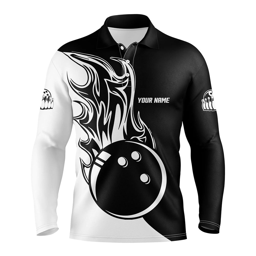 Schwarzes und weißes Bowlingkugel-Feuer Herren-Bowling-Polo-Shirt, individuell gestaltete Herren-Bowling-Teamtrikots Q6087 - Climcat