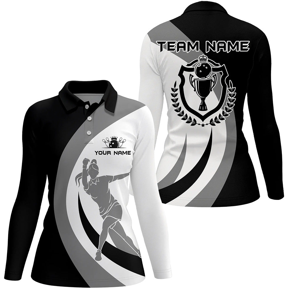 Schwarzes und weißes Retro-Bowling-Polo-Shirt für Damen - Personalisiertes Bowling-Trikot für Bowling-Liga-Team - Q6704 - Climcat