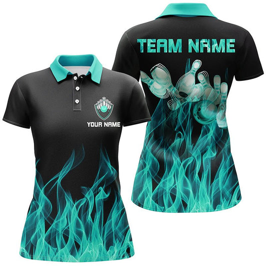 Türkis Flammen Damen Bowling Polo Shirt Schwarz - Personalisierte Bowling Team Shirts Q6822 - Climcat