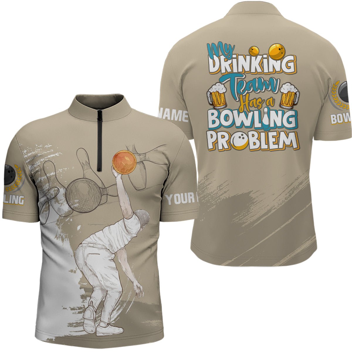 Vintage Herren Bowling Viertel-Zip-Shirt individuell gestaltet Mein Trinkteam hat ein Bowling-Problem Team Liga Trikot Q7017 - Climcat