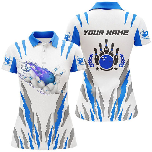Weiße Bowling-Polo-Shirts für Damen mit individuellem Namen | Bowlingkugel und Pins | Blaue Q4901 - Climcat