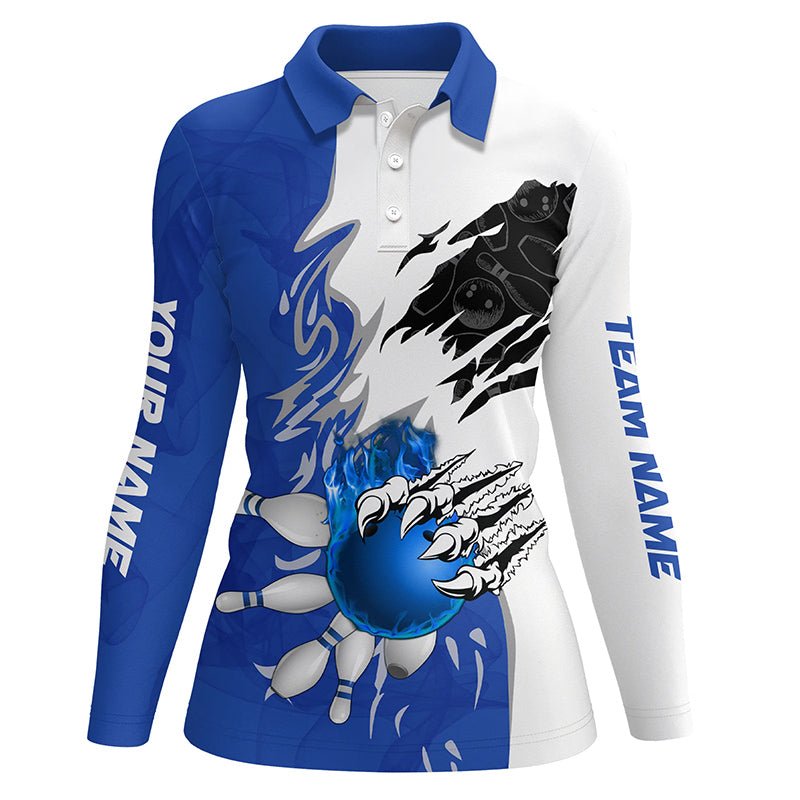 Weißes Bowling-Polo-Shirt für Damen | Personalisiertes Bowling-Trikot mit Bowlingkugel-Pins | Flammen-Bowling-Shirt | Blau Q6460 - Climcat