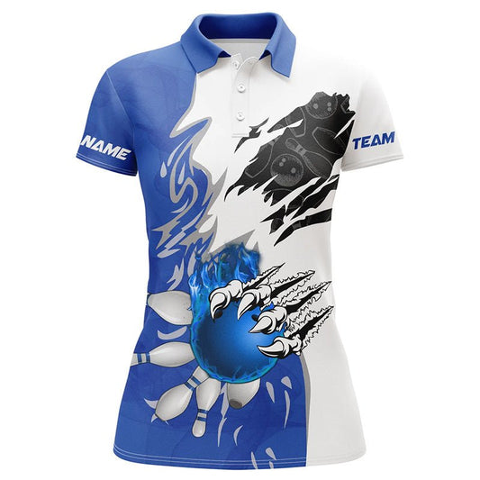 Weißes Bowling-Polo-Shirt für Damen | Personalisiertes Bowling-Trikot mit Bowlingkugel-Pins | Flammen-Bowling-Shirt | Blau Q6460 - Climcat