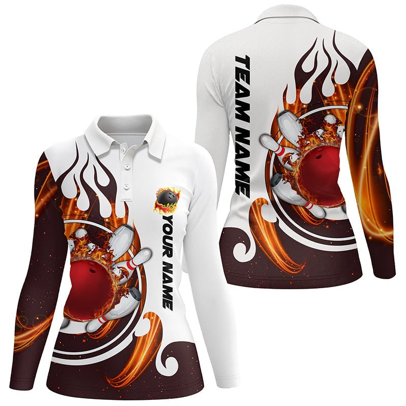 Weißes Bowling-Polo-Shirt für Damen | Personalisiertes Bowlingtrikot mit Flammen-Bowlingkugel-Pins | Q6449 - Climcat