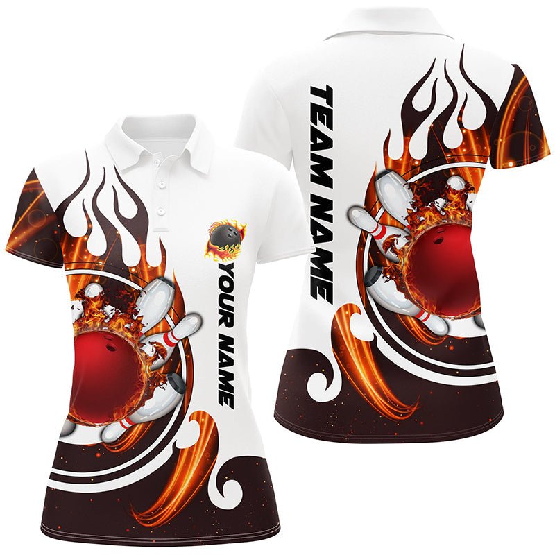 Weißes Bowling-Polo-Shirt für Damen | Personalisiertes Bowlingtrikot mit Flammen-Bowlingkugel-Pins | Q6449 - Climcat