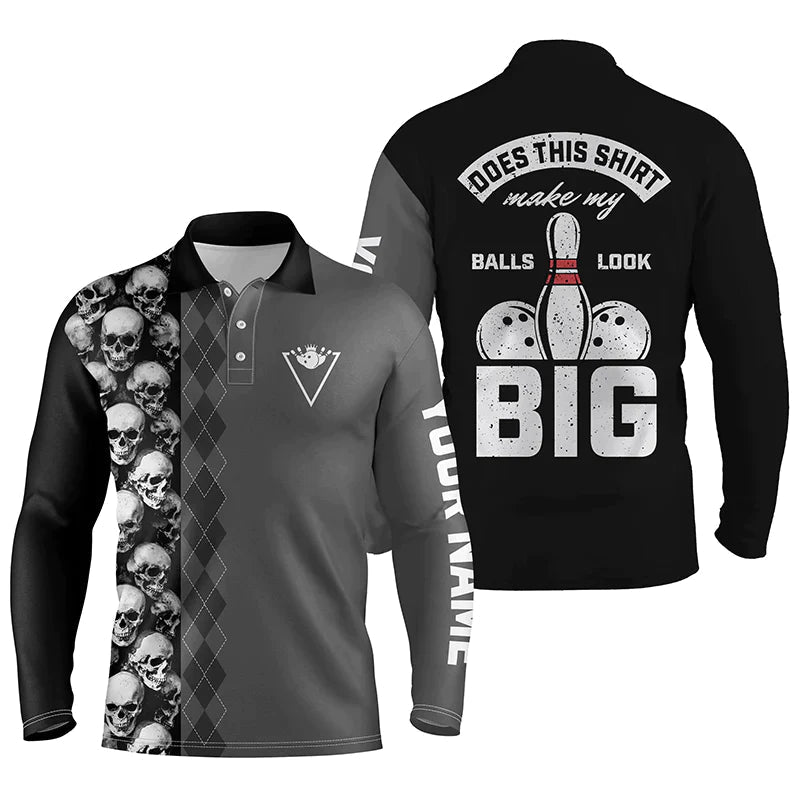 Witziges schwarzes Skull Bowling Polo-Shirt für Herren mit individuellem Namen - Macht dieses Shirt meine Bälle groß aussehen? Q4666 - Climcat