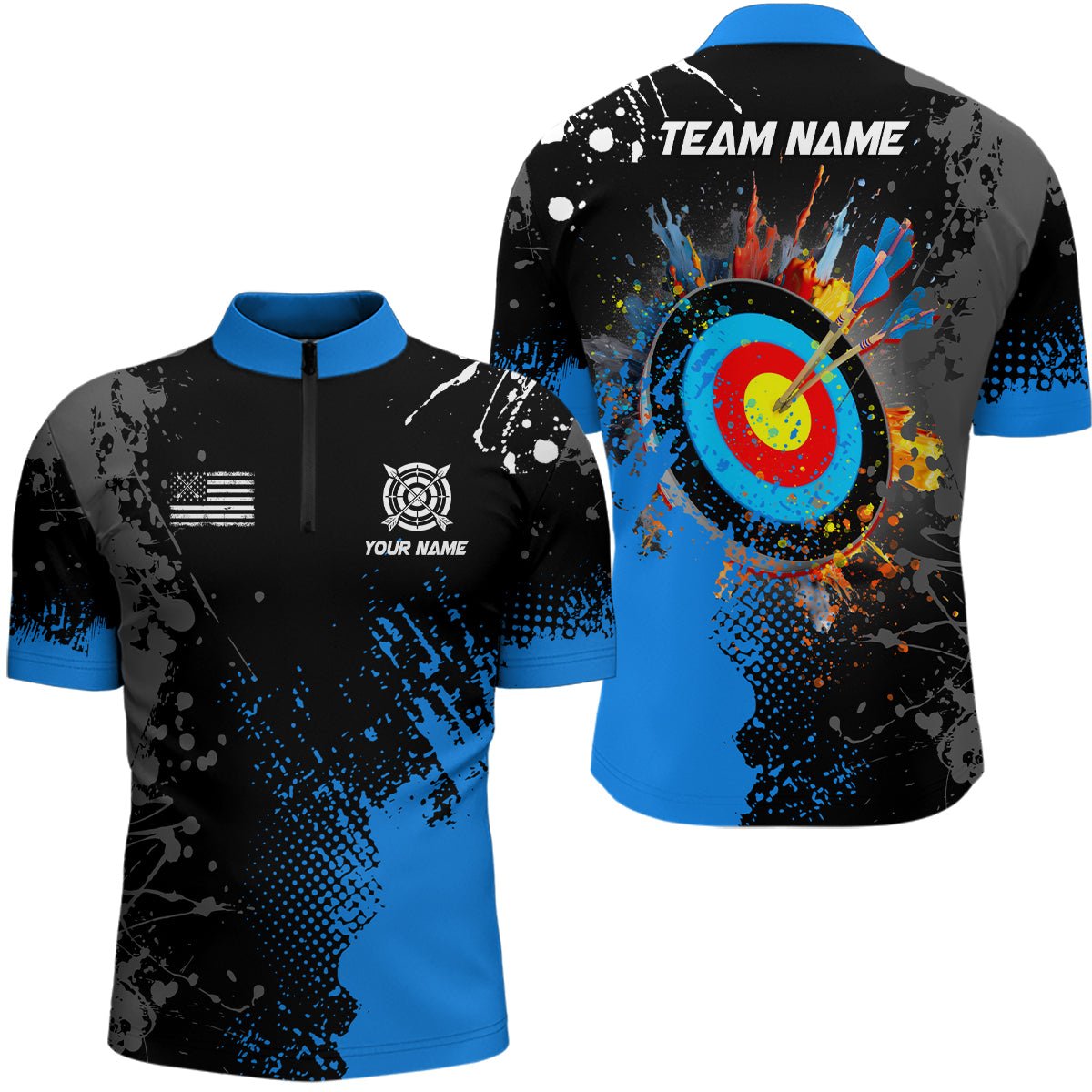 3D Bogenschießen Polo - Shirt - Unisex - Personalisiert mit Wunschname - Blau - T1102 - Climcat