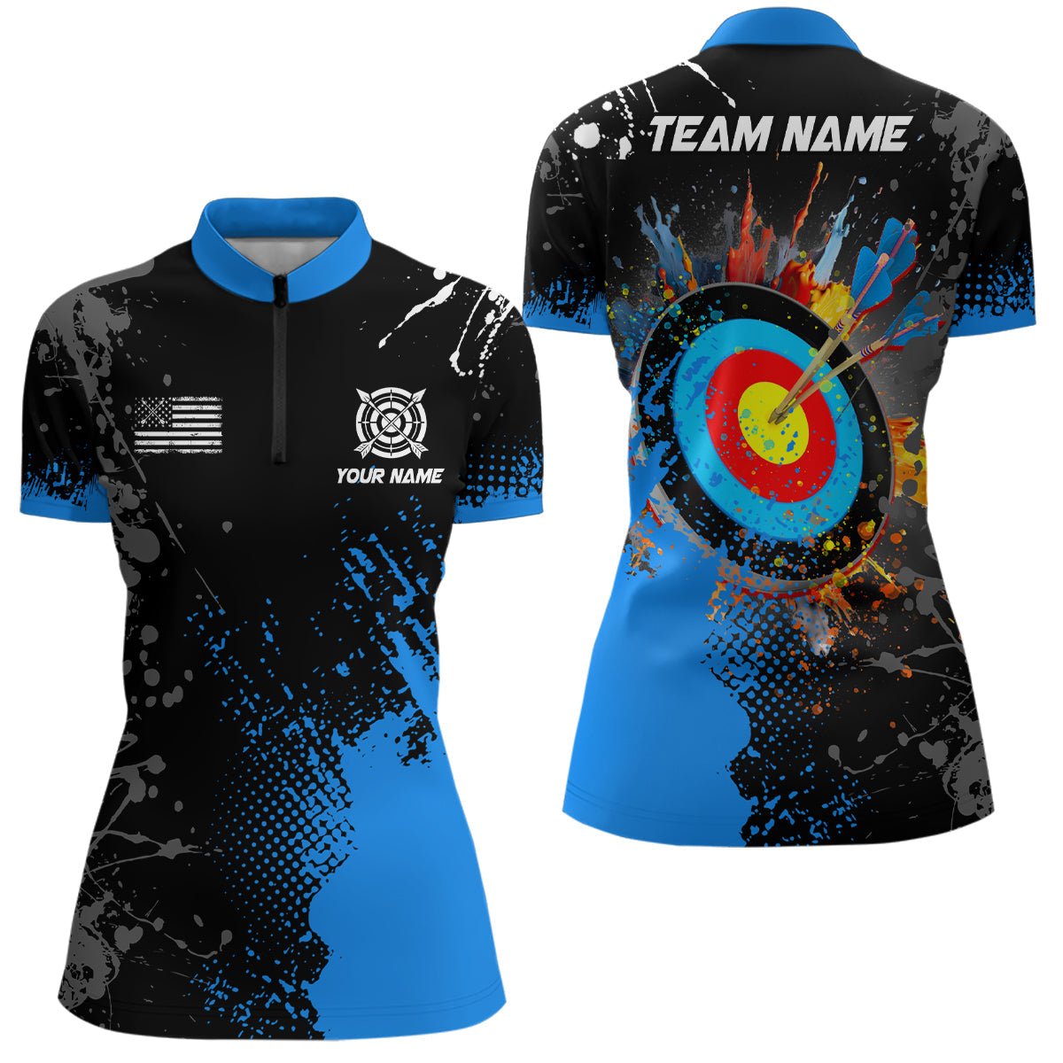 3D Bogenschießen Polo - Shirt - Unisex - Personalisiert mit Wunschname - Blau - T1102 - Climcat