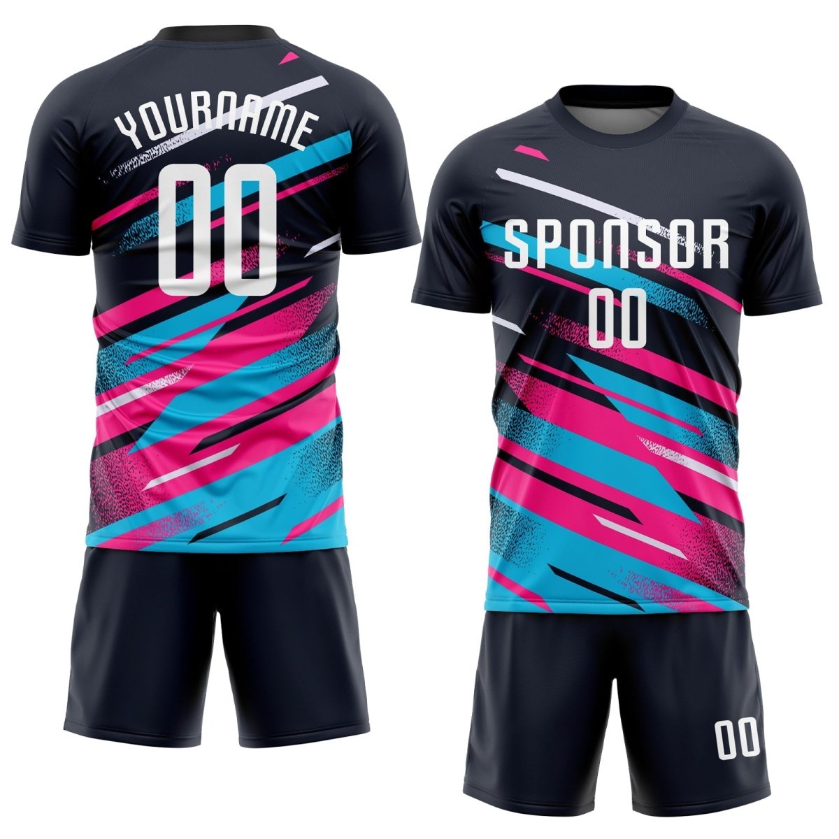 Benutzerdefiniertes Navy Weiß Pink - Hellblau Sublimations Fußballtrikot R984 - Climcat