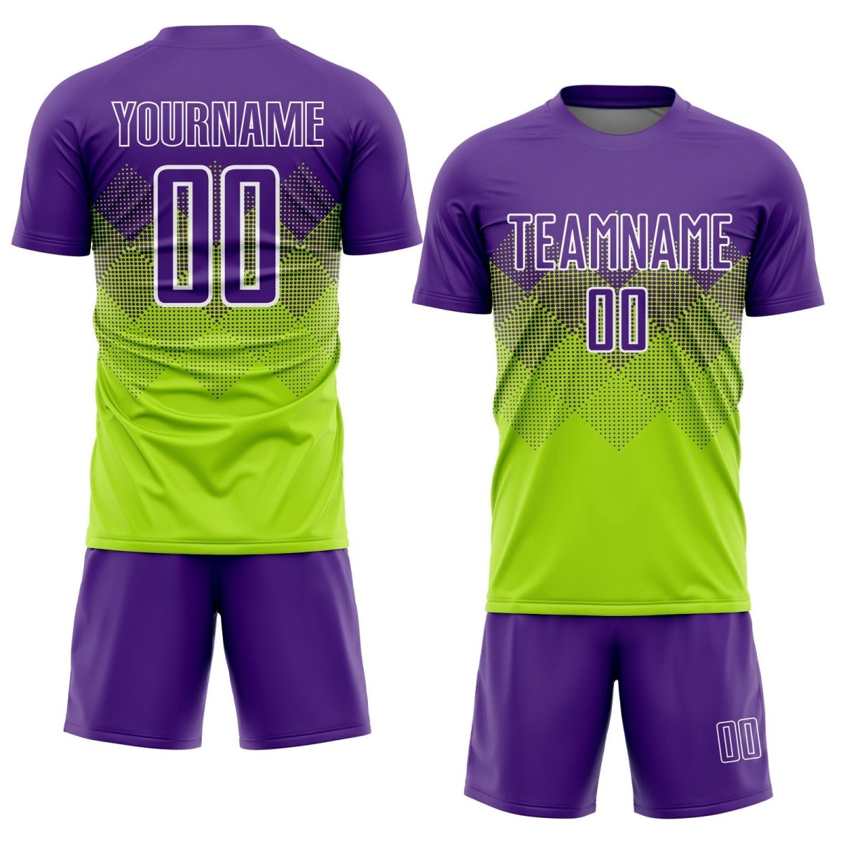 Benutzerdefiniertes Neon Grün - Lila - Weiße Sublimations - Fußballtrikot J299 - Climcat