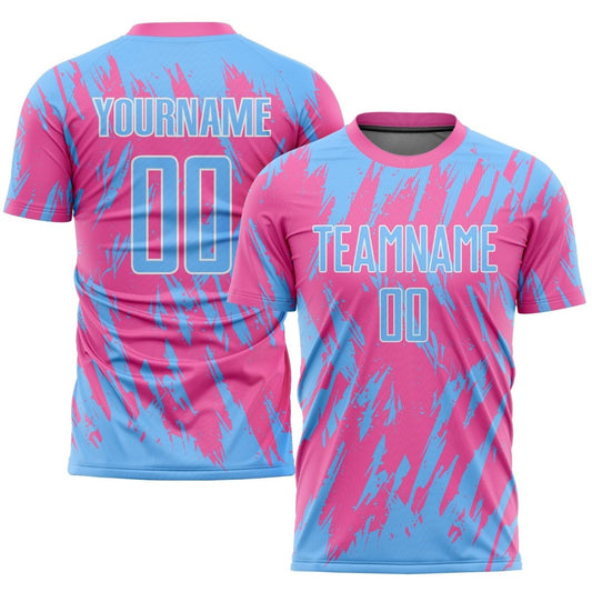 Benutzerdefiniertes Pink Hellblau - Weiße Sublimations Fußballtrikot D118 - Climcat