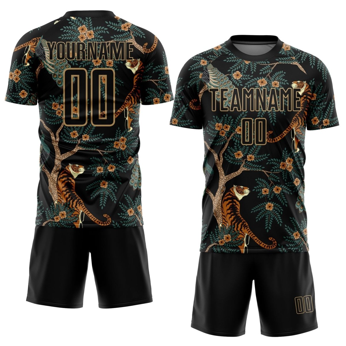 Benutzerdefiniertes schwarzes, altgoldenes Tiger - und Pfau - Sublimations - Soccer - Trikot A766 - Climcat