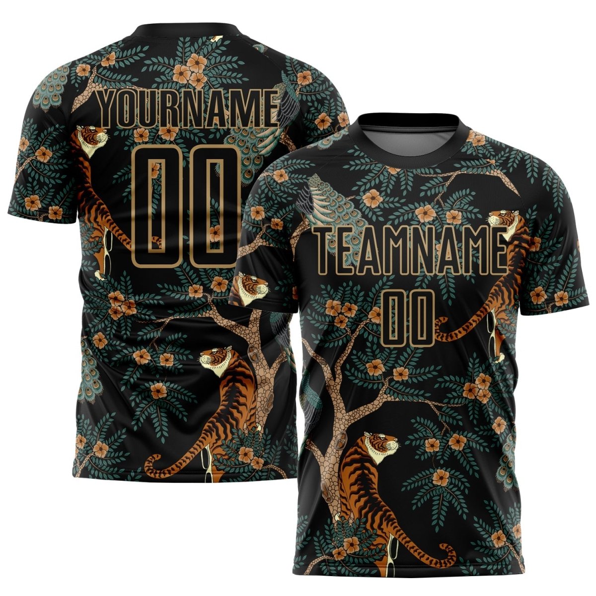 Benutzerdefiniertes schwarzes, altgoldenes Tiger - und Pfau - Sublimations - Soccer - Trikot A766 - Climcat