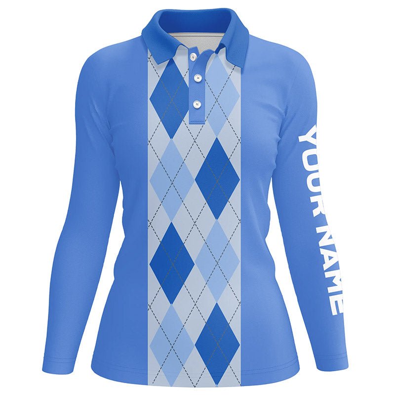 Blau kariertes Argyle-Muster Damen Golf Polo-Shirt, maßgeschneiderte Golf-Poloshirts für Damen, Golfgeschenke N7190 - Climcat