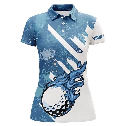 Blau-weißes Golfballflammen Damen Golf Polo Shirt, maßgeschneiderte Team Golfshirts, Damen Golfbekleidung N7506 - Climcat