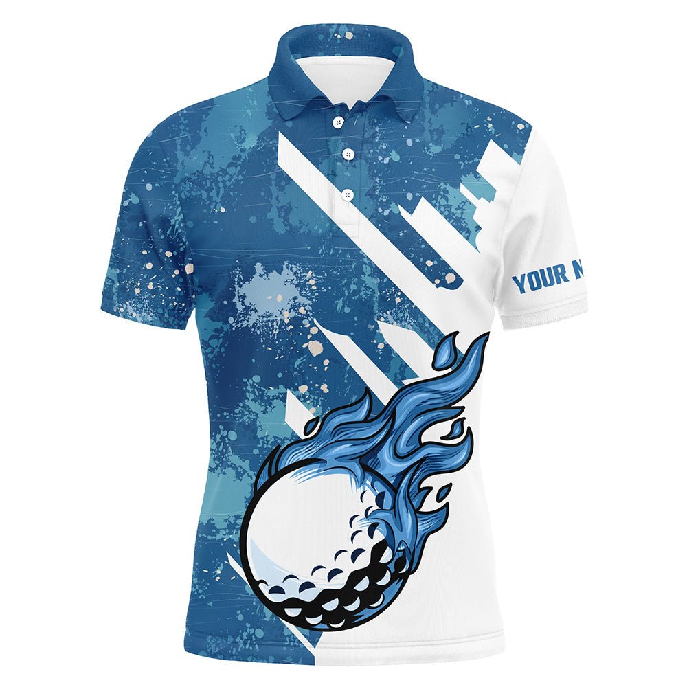 Blau-weißes Golfballflammen-Herren-Golfpoloshirt, individuelle Team-Golfshirts, Herren-Golfbekleidung N7506 - Climcat