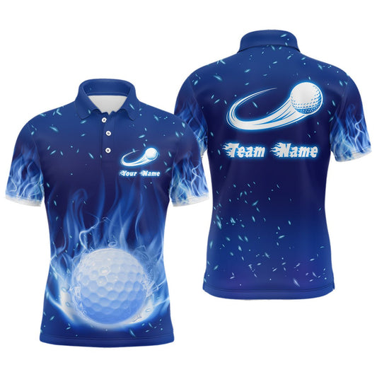 Blauer Feuerflammen Golfball Herren Polo Shirt Maßgeschneiderte Golfoberteile Für Männer Personalisierte Golfgeschenke L1064 - Climcat