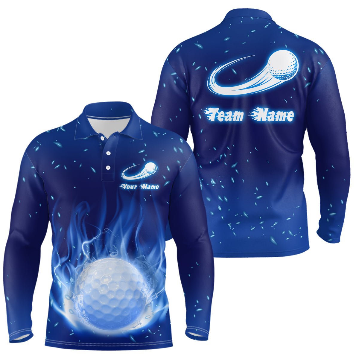 Blauer Feuerflammen Golfball Herren Polo Shirt Maßgeschneiderte Golfoberteile Für Männer Personalisierte Golfgeschenke L1064 - Climcat