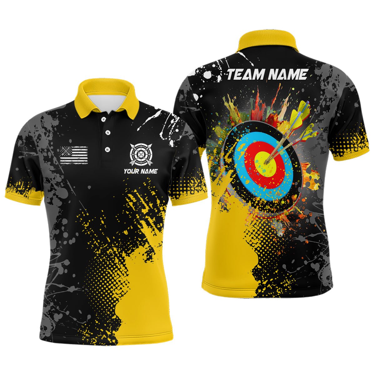 Bogenschießen Poloshirt Personalisiert mit Wunschname - Gelbes 3D Ziel Design - Herren & Damen T1191 - Climcat