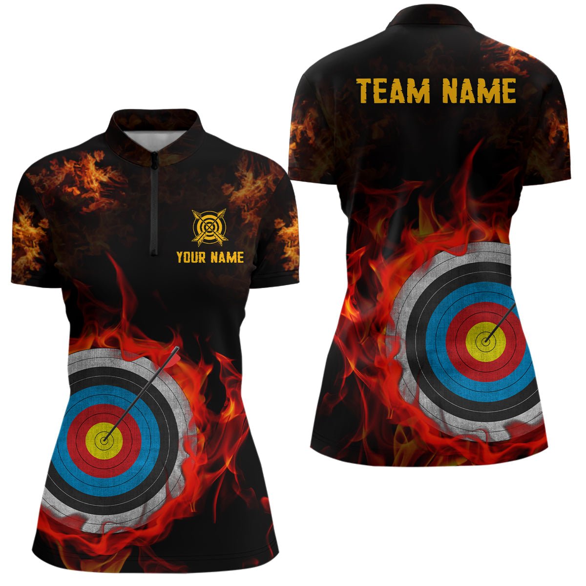 Bogensport Polo - Shirt Personalisiert mit Wunschname - Bogenschießscheibe in Flammen - T0506 - Climcat