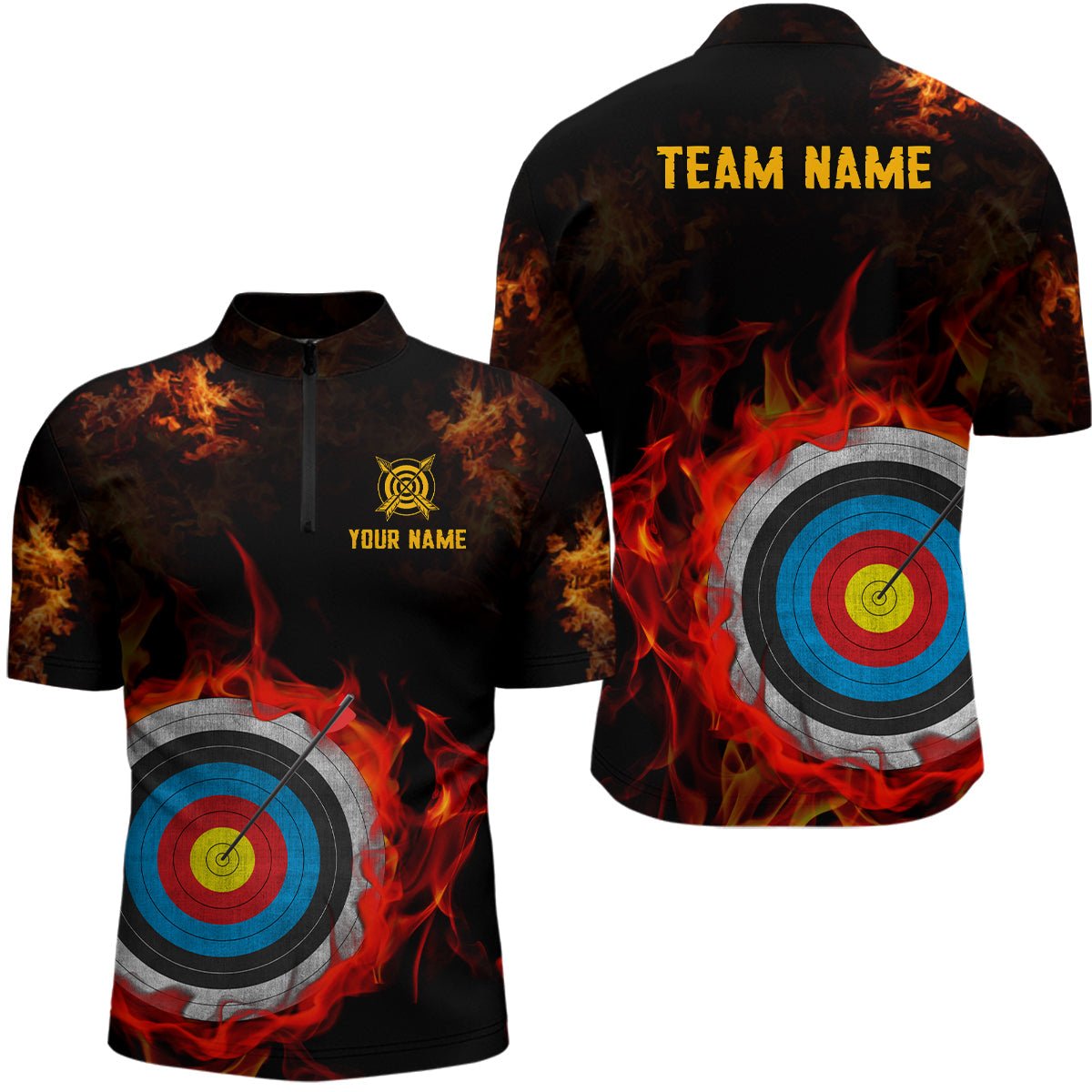 Bogensport Polo - Shirt Personalisiert mit Wunschname - Bogenschießscheibe in Flammen - T0506 - Climcat