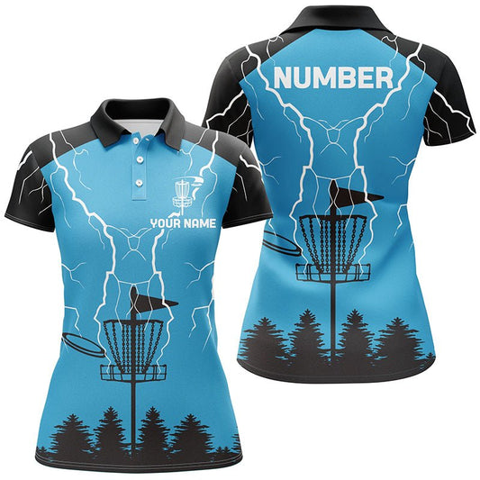 Damen Disc Golf Polo Shirt Blau Blitzsturm Personalisiertes Namen Frisbee Golf Shirt, Disc Golf Geschenke N7085 - Climcat