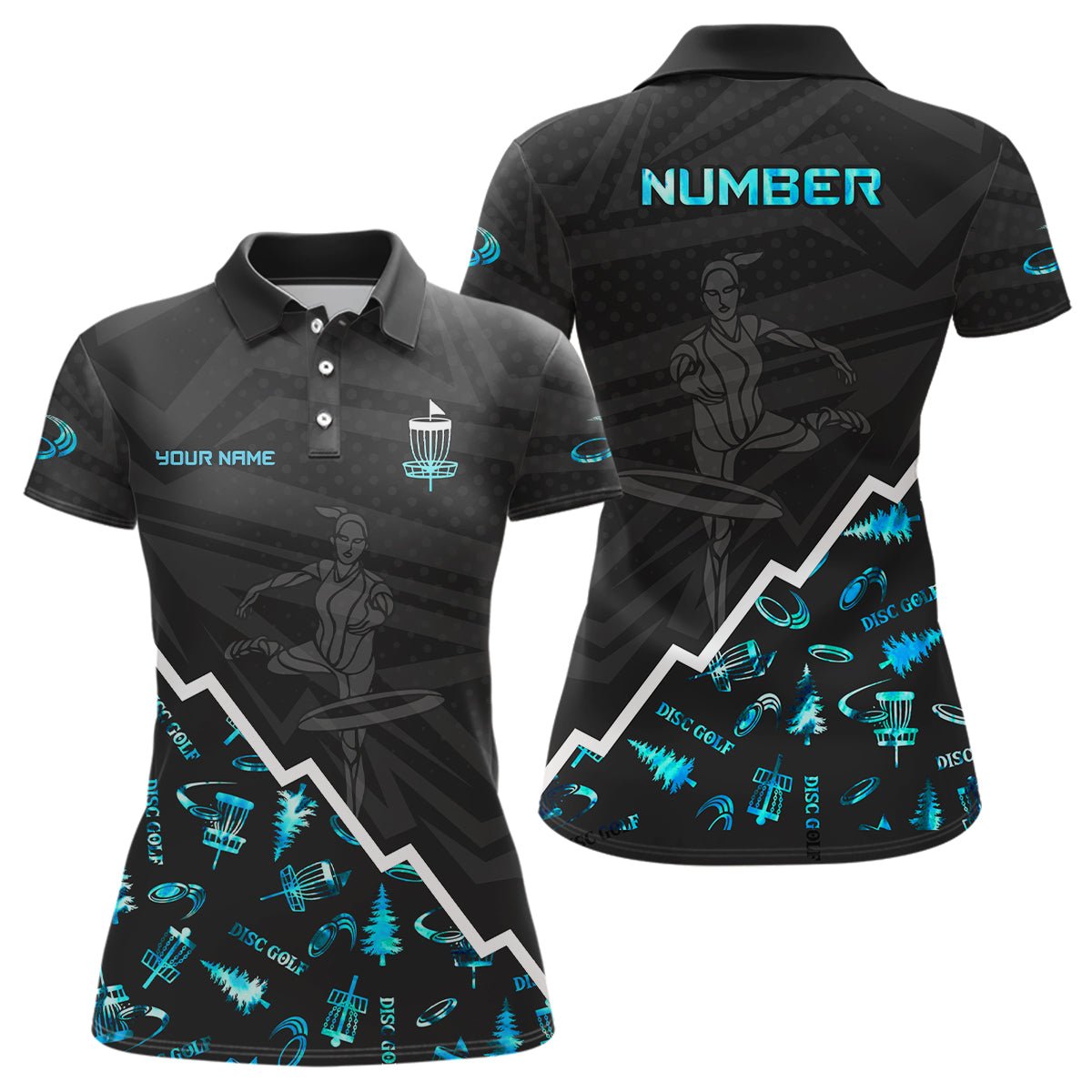 Damen Disc Golf Polo Shirt in Blauem Neon Schwarz Mit Individuellem Namen Und Nummer - Disc Golf Geschenke Für Frauen TY1 - Climcat