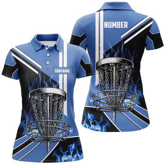 Damen Disc Golf Polo-Shirt, individuell gestaltet, blaues Flammendiscgolfkorb Frisbeegolf-Outfit, Disc Golf Bekleidung N7358 - Climcat