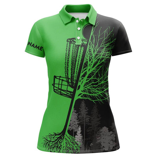 Damen Disc Golf Polo Shirt mit individuellem Schwarz und Grün Disc Golf Korb, Disc Golf Outfit N7152 - Climcat