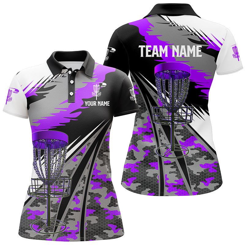 Damen Disc Golf Polo Shirts in individuellem Lila Camouflage-Design für das Team, passende Disc Golf Outfits N7348 - Climcat