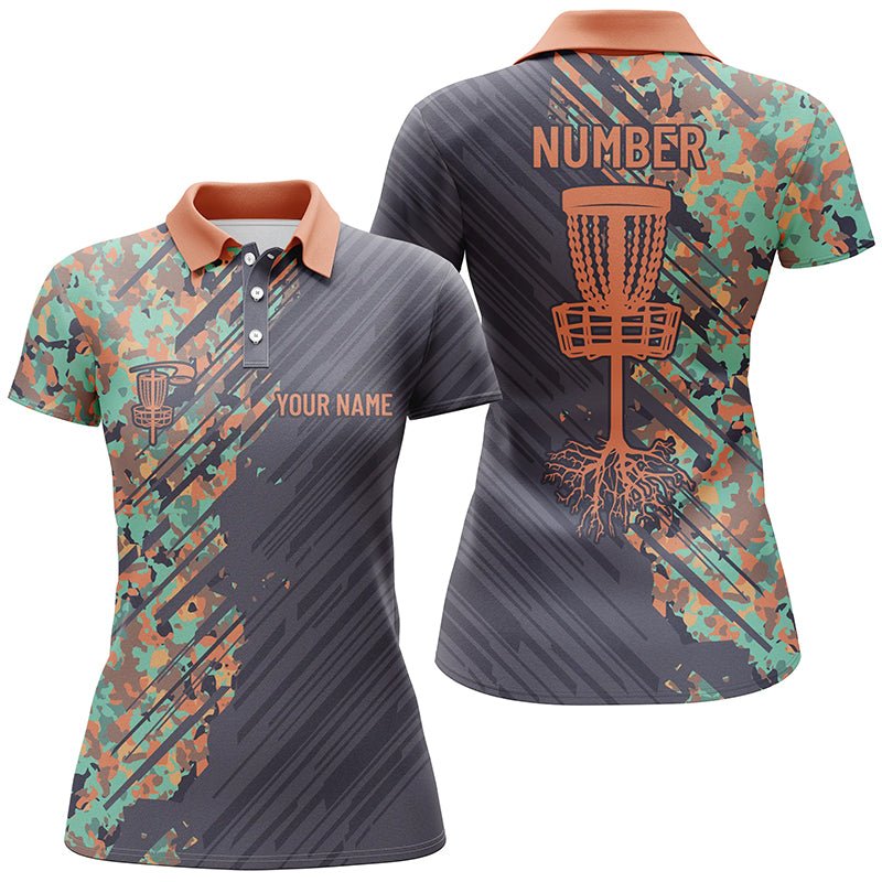 Damen Disc Golf Polo Shirts mit individuellem Namen, Grunge Camo Disc Golf Korb, personalisierte Disc Golf Bekleidung N7200 - Climcat