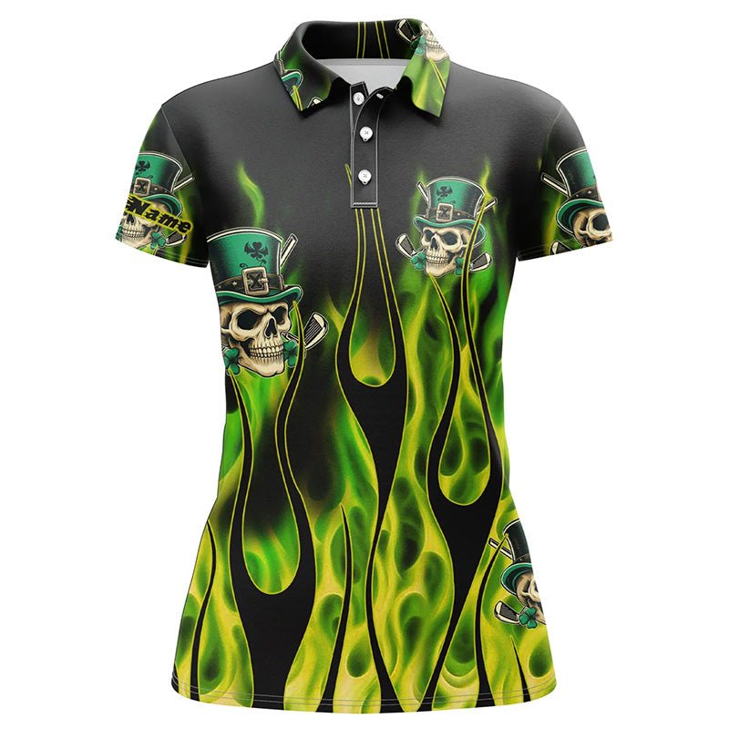 Damen Golf Polo Shirt Grüner Klee Schädel St. Patrick's Day Golf Shirt Individuelle Grüne Feuer Golfbekleidung N7055 - Climcat