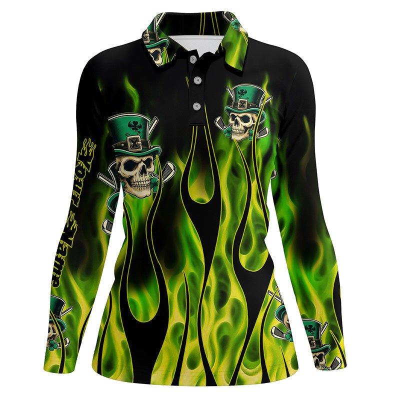 Damen Golf Polo Shirt Grüner Klee Schädel St. Patrick's Day Golf Shirt Individuelle Grüne Feuer Golfbekleidung N7055 - Climcat