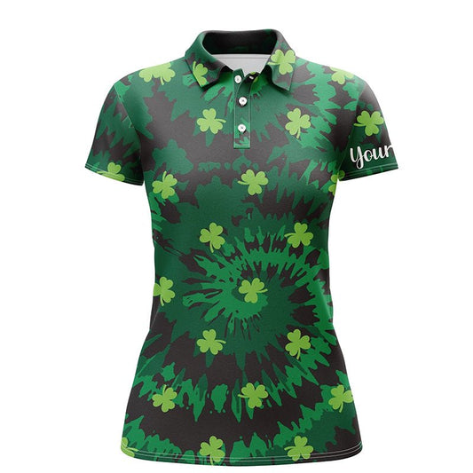 Damen Golf Polo Shirt im Tie-Dye-Stil Grün Kleeblatt St. Patrick's Day Maßgeschneiderte Golfshirts Golfgeschenke L1254 - Climcat